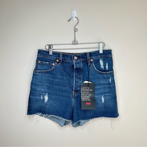NEW Levi's Ribcage Shorts Button Fly Light Distressed Raw Hem Dark Blue Sz 29 - Picture 2 of 13